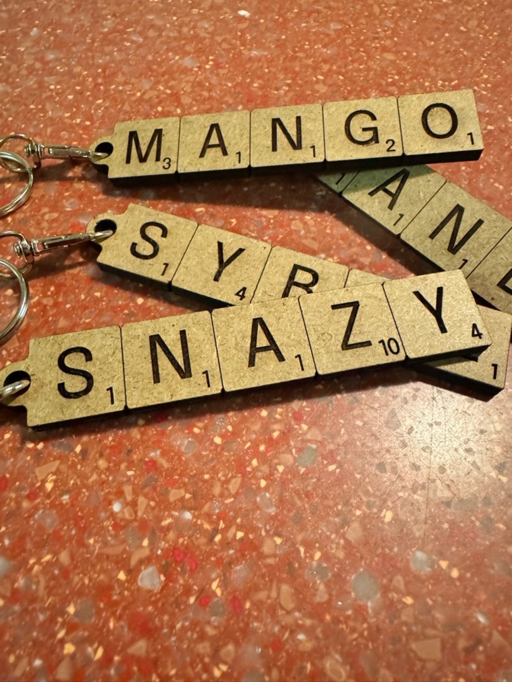 Hand crafted wood scrabble tile themed customizable keychain/bag charm dbl sided